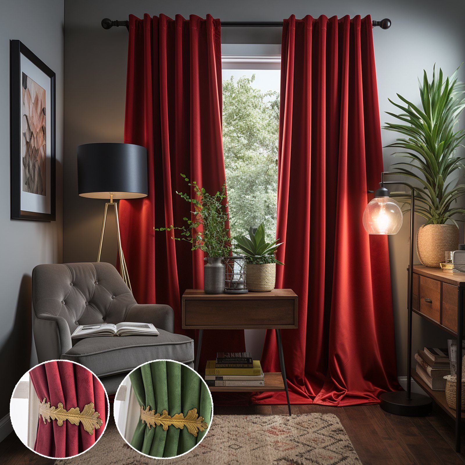 Blickdichte Gardinen 245x140cm - Rot/Grün Pfingstrosen Design, 2er Pack